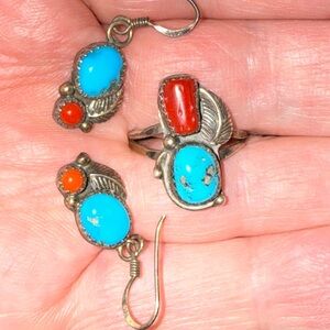 Silver Sterling Turquoise Coral Earrings Set with size 7.5 Ring.